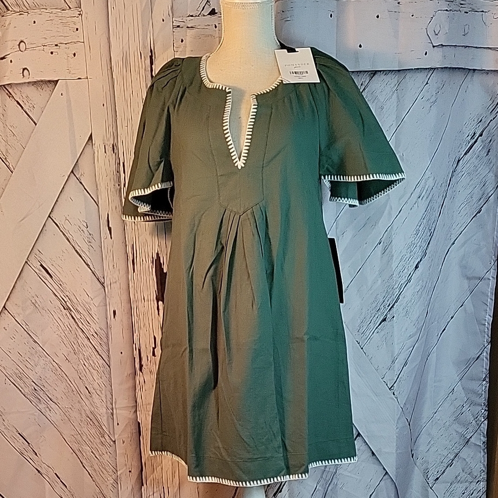 Pomander Place Green Finley Flutter Sleeve Dress with White Trim